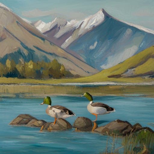 Mallard Ducks and Snowy Mountains, Oil Painting