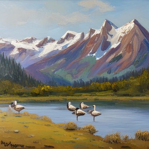 Mallard Ducks and Mountains: Oil Painting