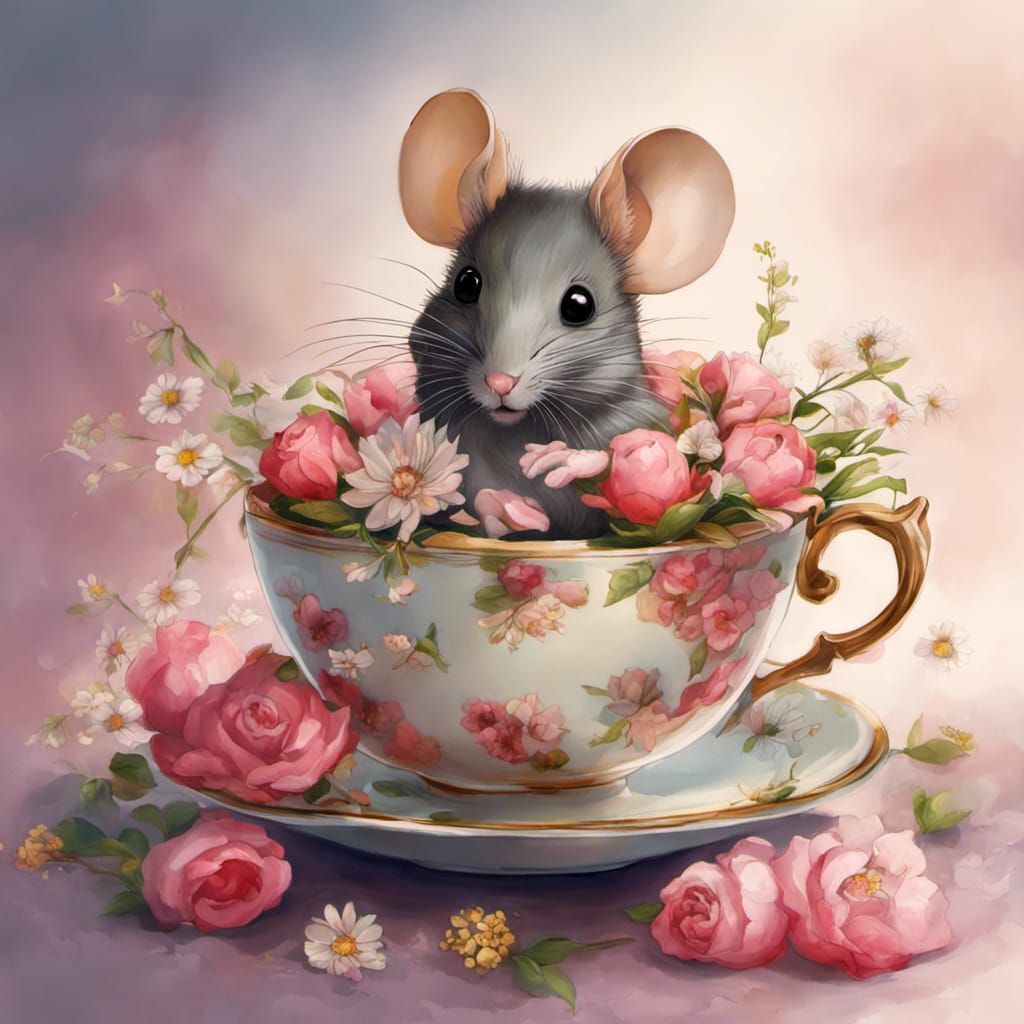 Mouse in Teacup with Flowers: Digital Painting