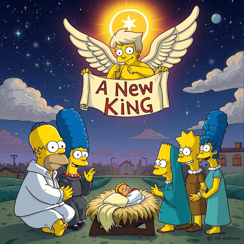 Surreal Simpsons Nativity Scene with Hyperrealistic Detail a...