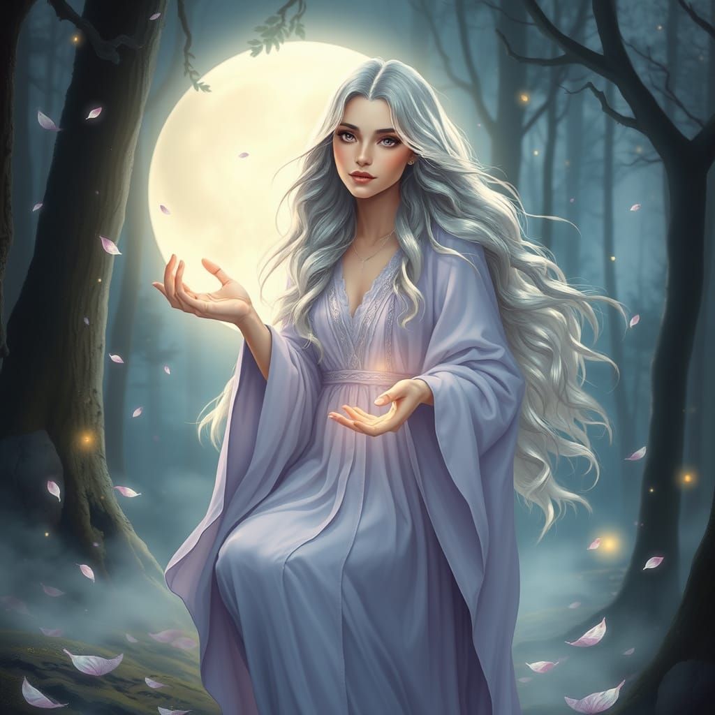 Ethereal Healer in Moonlit Forest, Fairytale Art