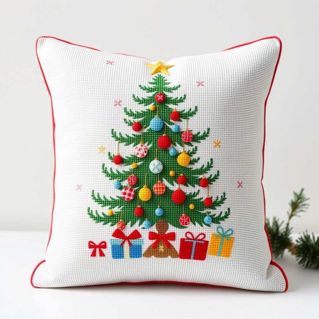 Whimsical Embroidered Christmas Tree with Gifts