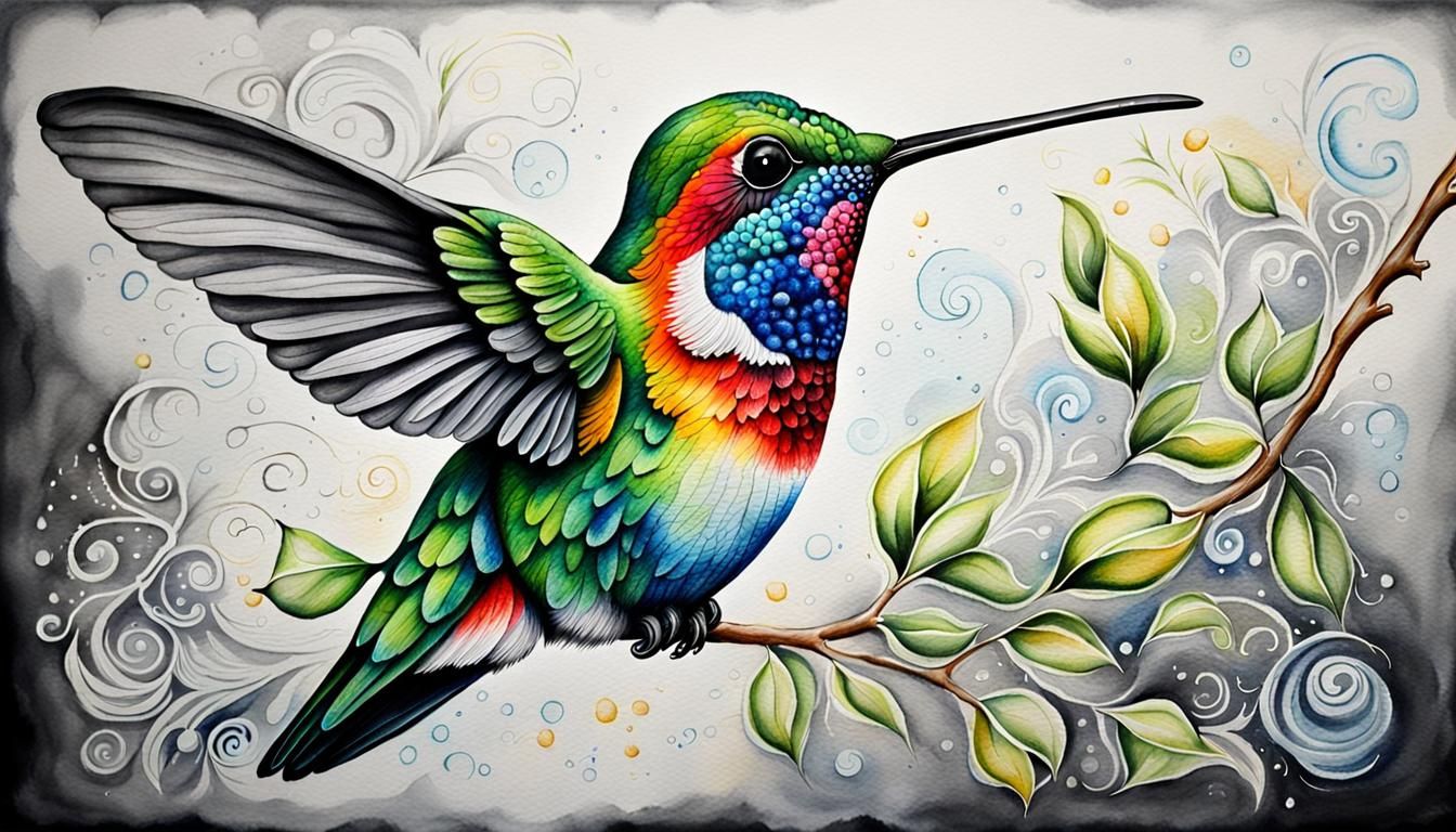 Hummingbird in Watercolor Rain: Chalk Art Style