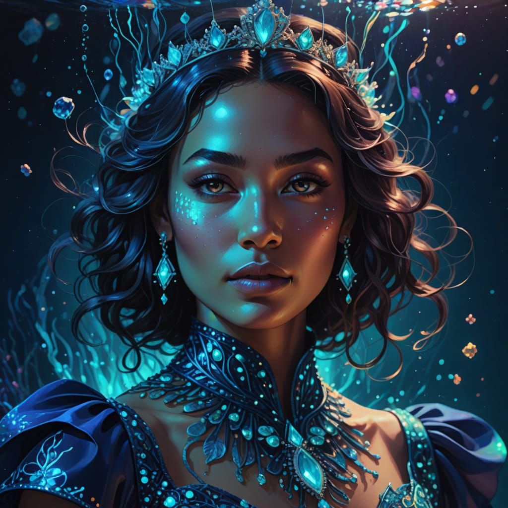 Underwater Sapphire Queen in Cosmic Mixed Media Art