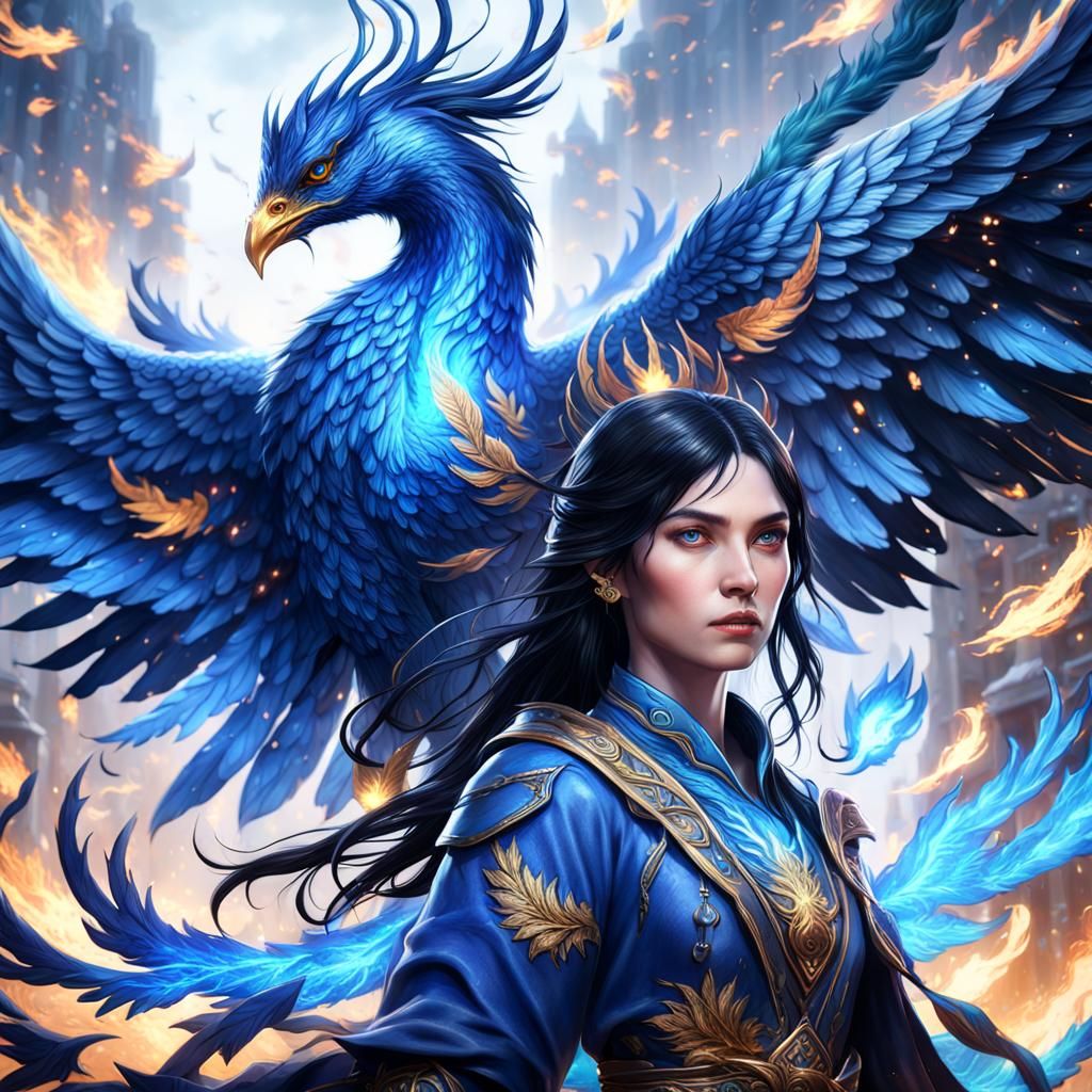 Black-Haired Woman with Blue Phoenix: Fantasy Art