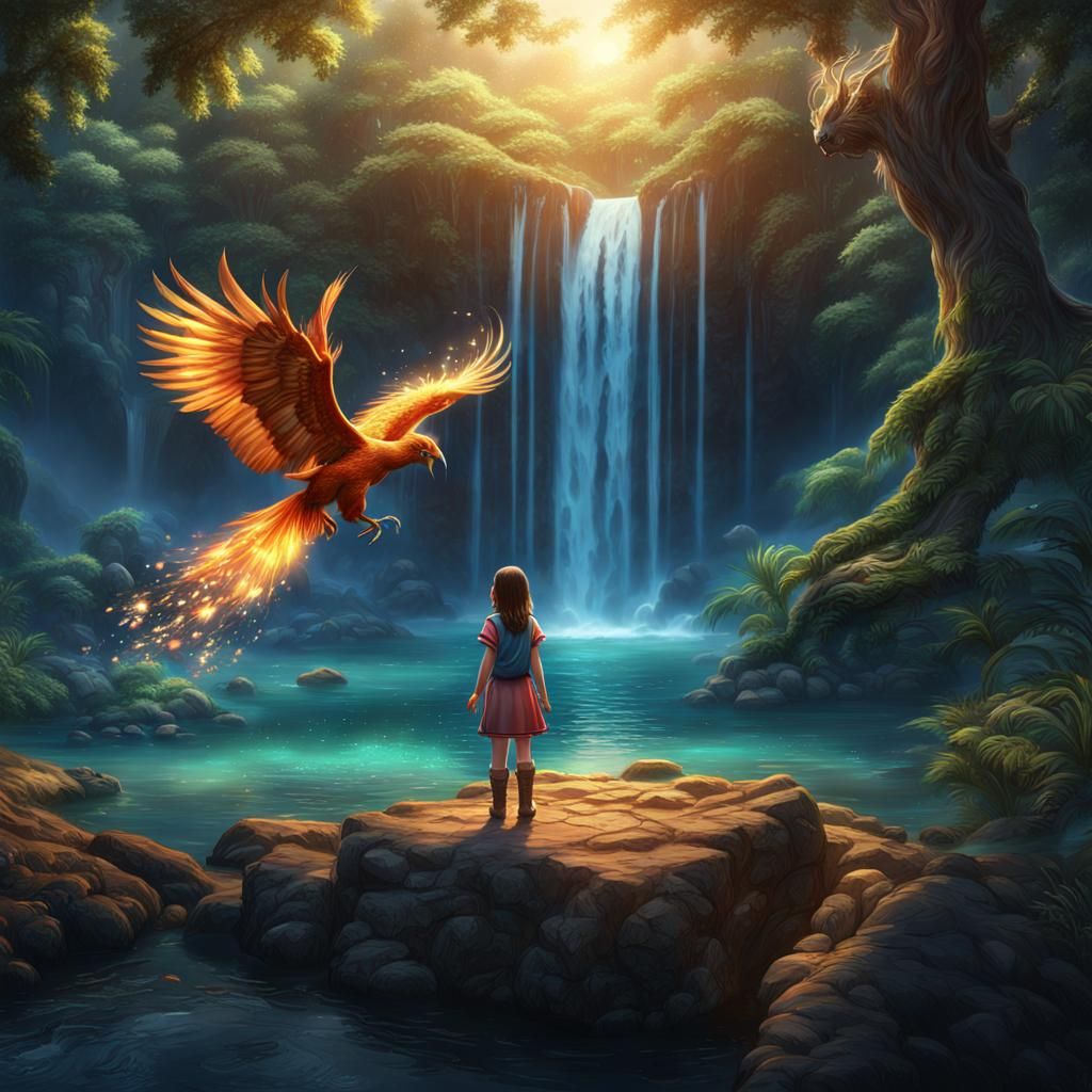 Girl and Phoenix in Magical Forest, Fantasy Art
