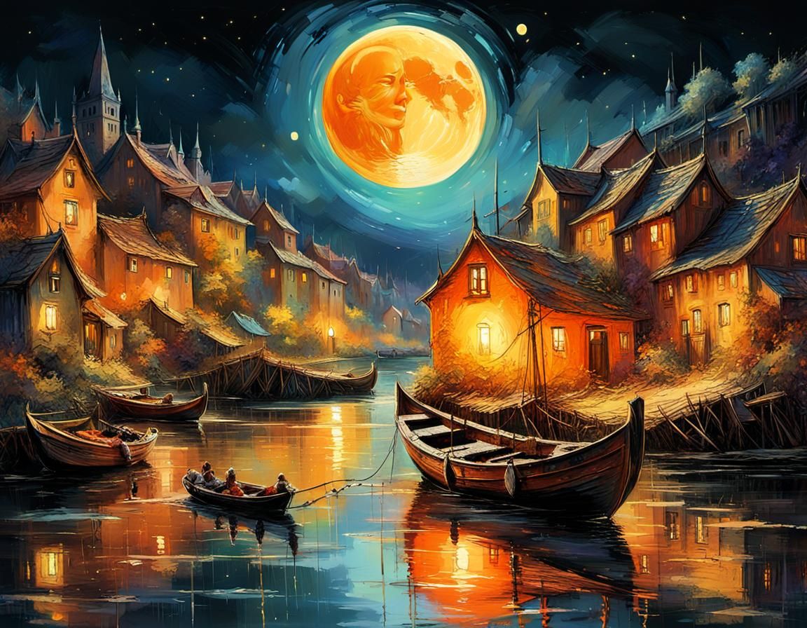 Moonlit Medieval Village in Vibrant Digital Art