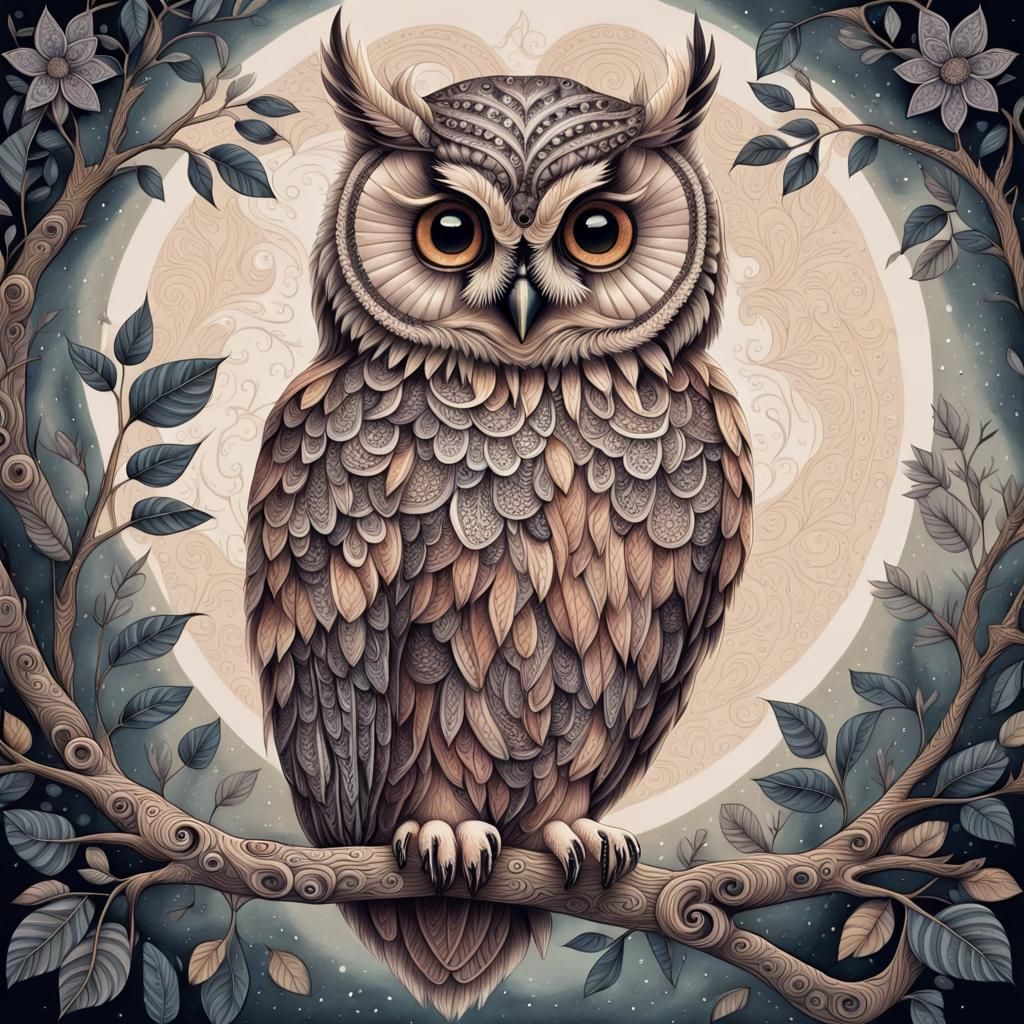Intricate Owl Illustration in Folk Art Style