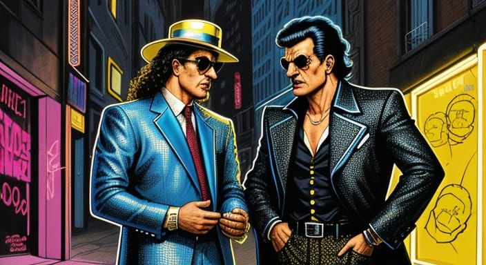 Neon Retro Italian Gangsters in Sophisticated 1980s Comic Sc...