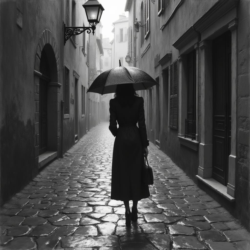 Mysterious Woman in Rainy European Alley