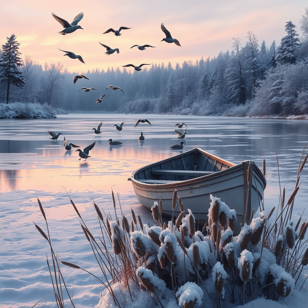 Winter Lake Scene in Realistic Landscape Style