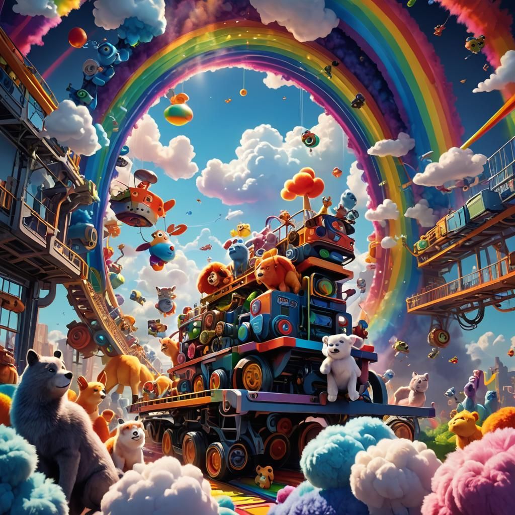 Rainbow Assembly Line: Pixar-Inspired Concept Art