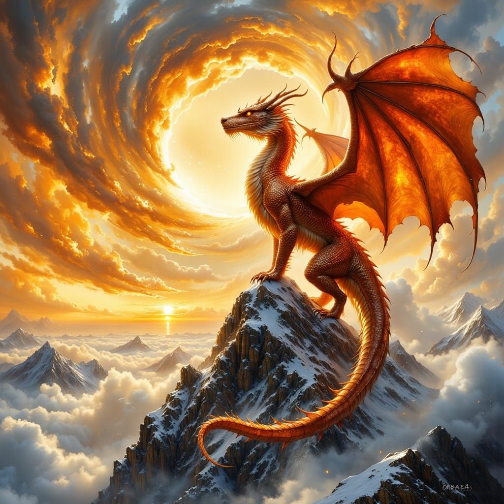 Majestic Dragon on Mountain Peak at Sunset