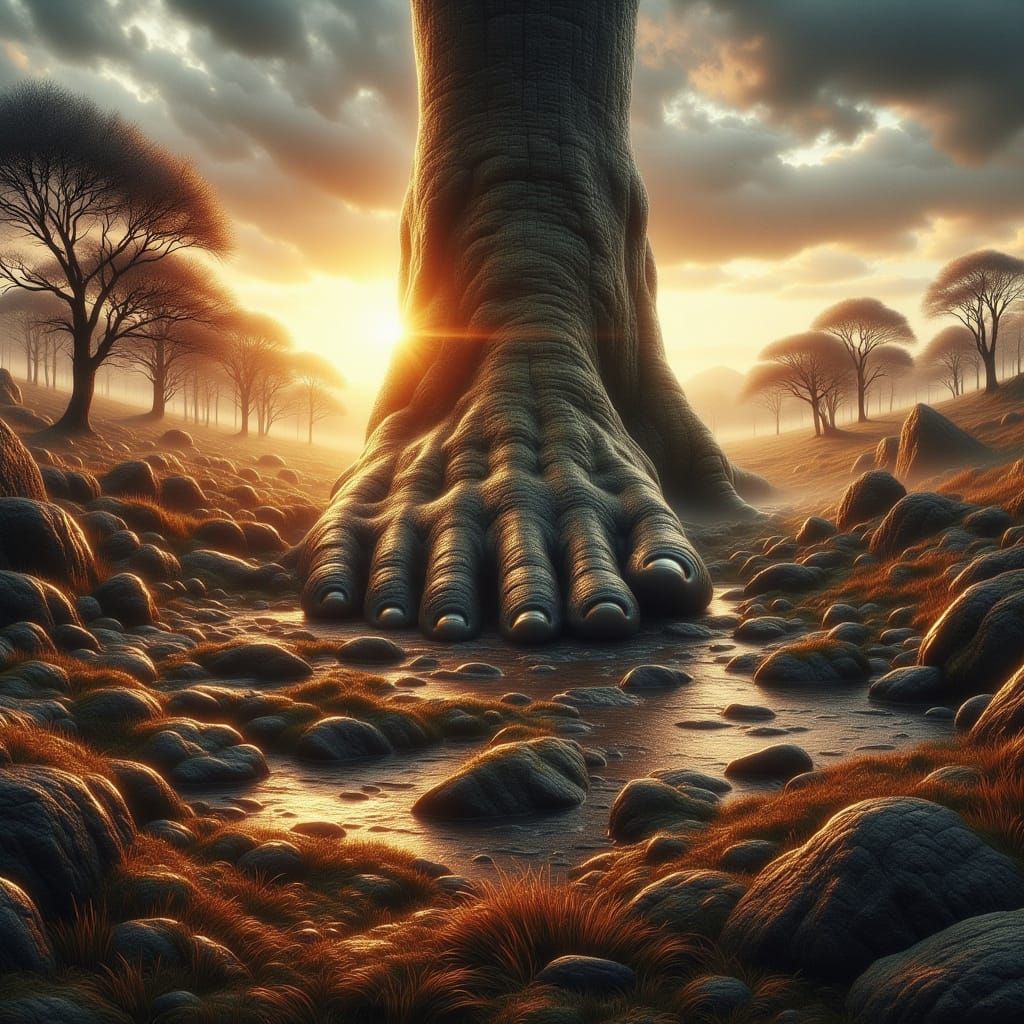 Giant Stone Foot Holds Sunrise Over Misty Landscape