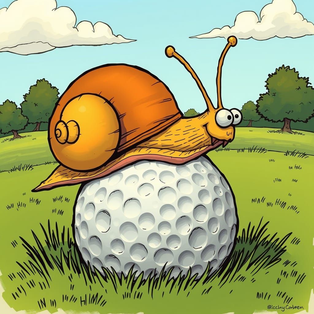 Whimsical Cartoon Snail on Gigantic Golf Ball