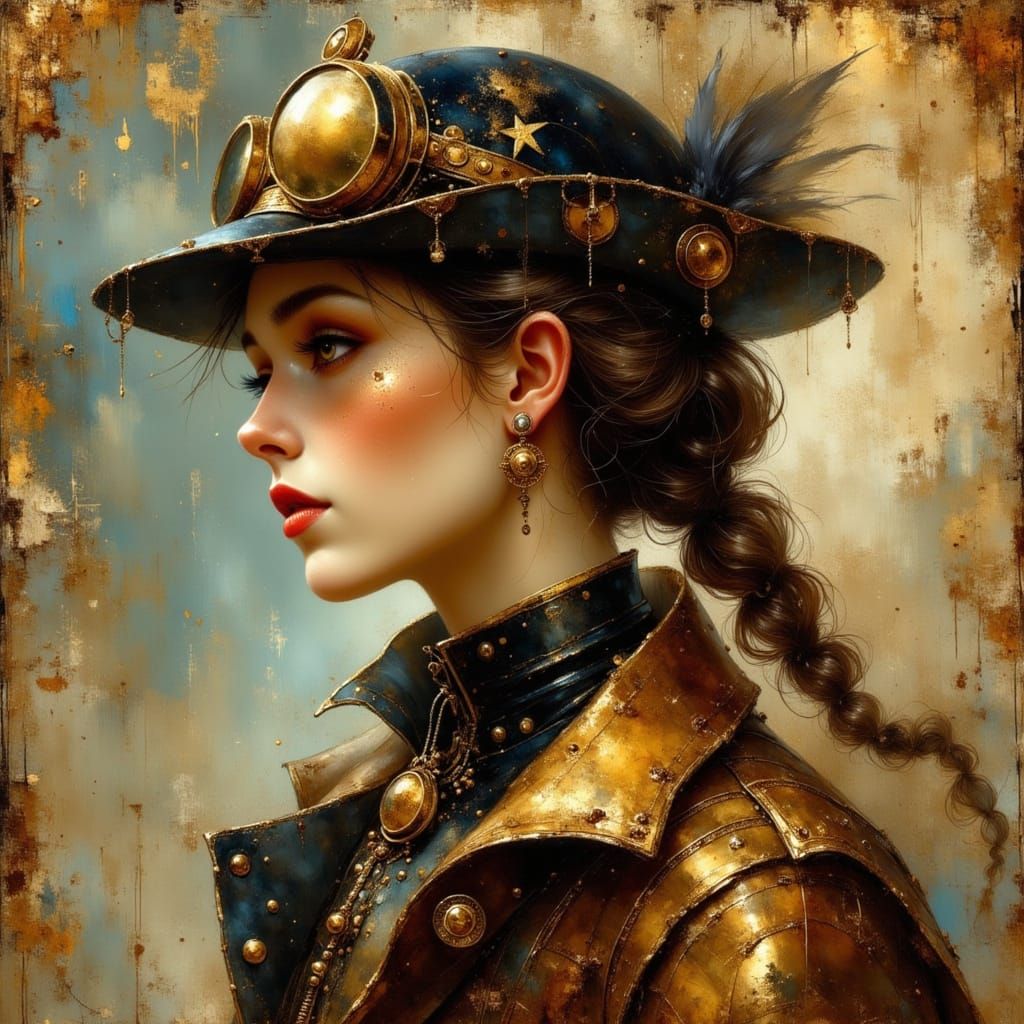 Steampunk Lady Pilot Portrait in Vermeer Style