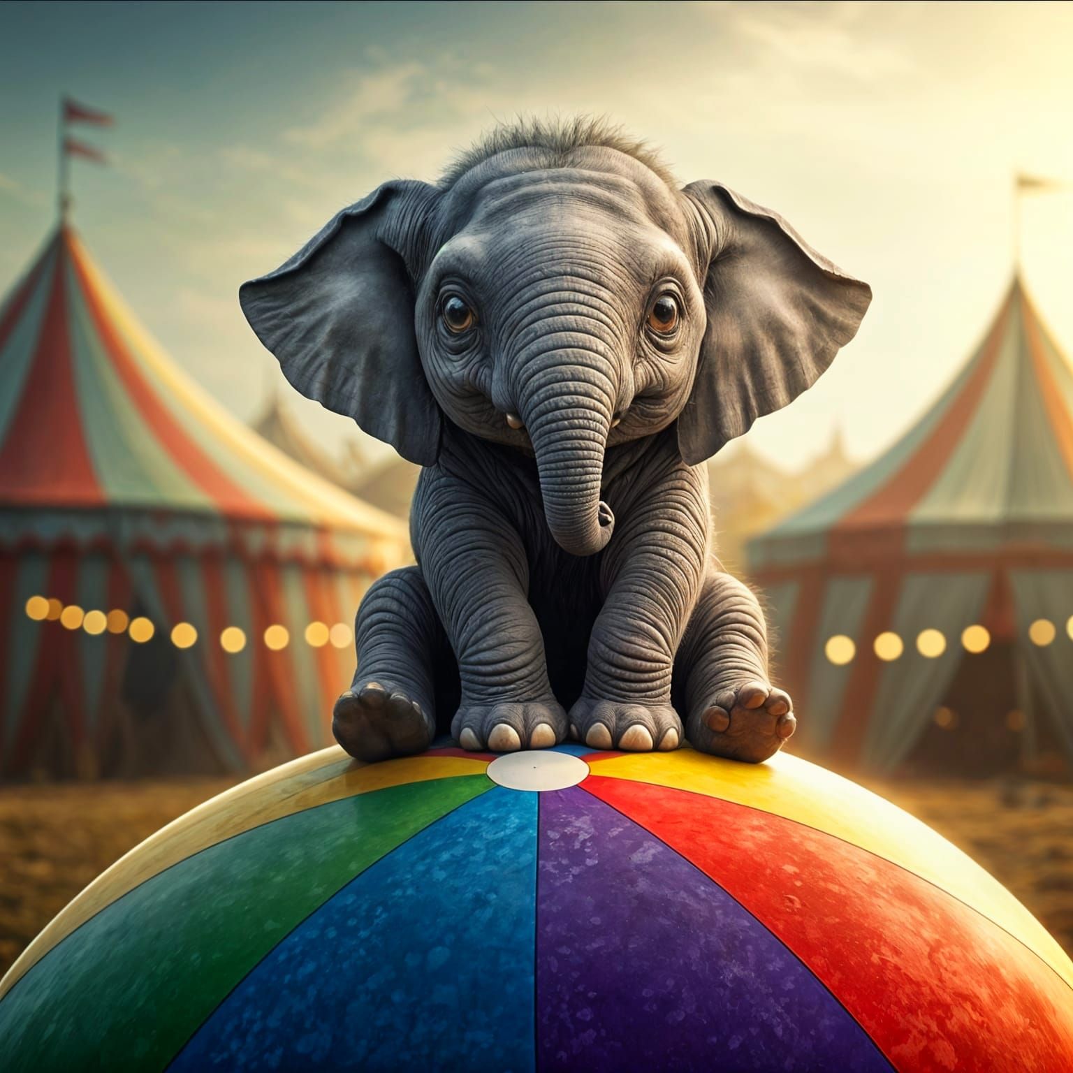 Tiny Baby Elephant on Colorful Circus Ball in Hyper-Realisti...