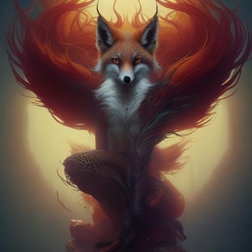 Mythological Nine-Tailed Fox Twins in Dark Fantasy Style
