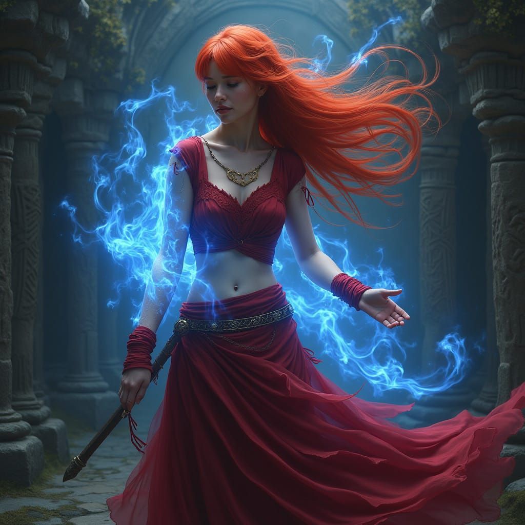 Vibrant Red-Haired Firebender Surrounded by Ethereal Blue Fl...