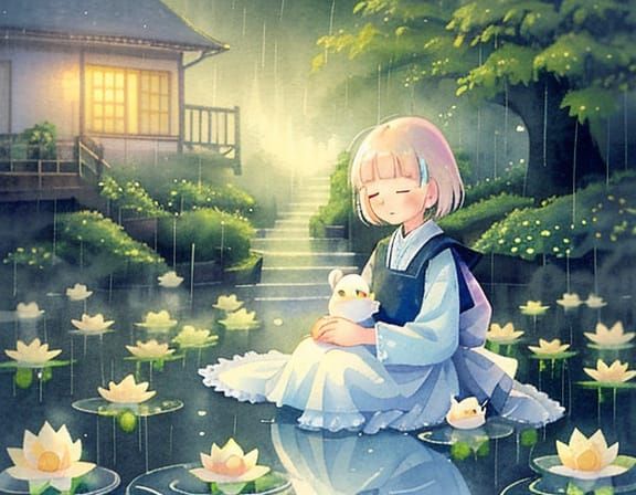 Dreamy Watercolor Scene of Lotuses and Mystical Streets