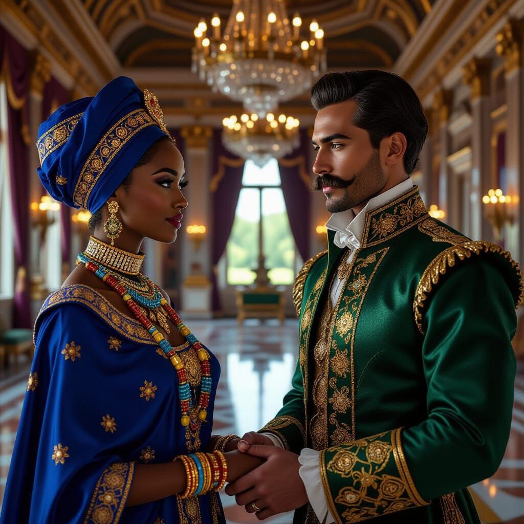 Masai Woman and Renaissance Gentleman in Opulent Palace