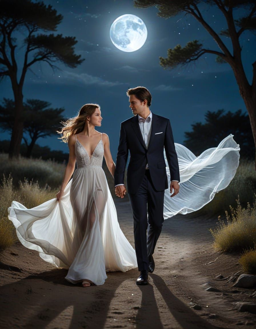 Couple Walks Hand in Hand Under Moonlight