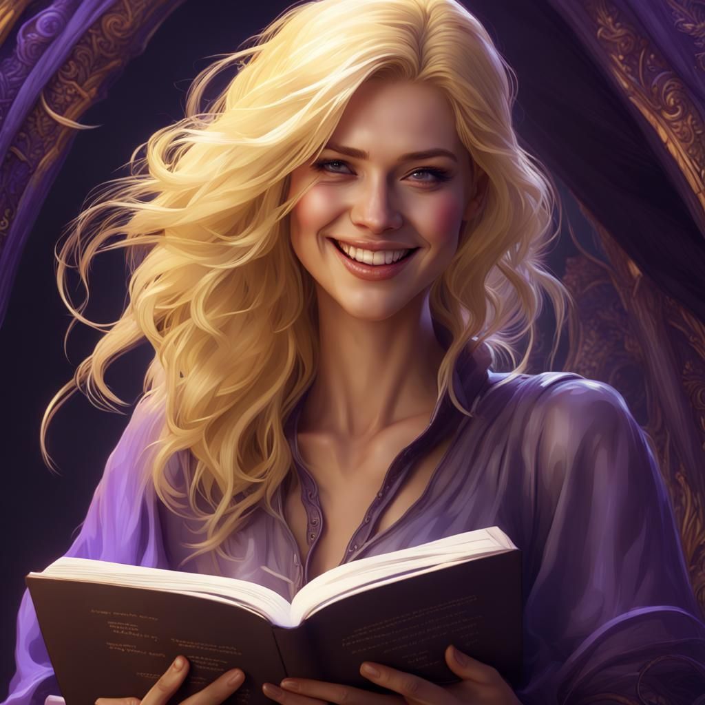 Blonde Woman Smiling While Reading: Detailed Fantasy Art