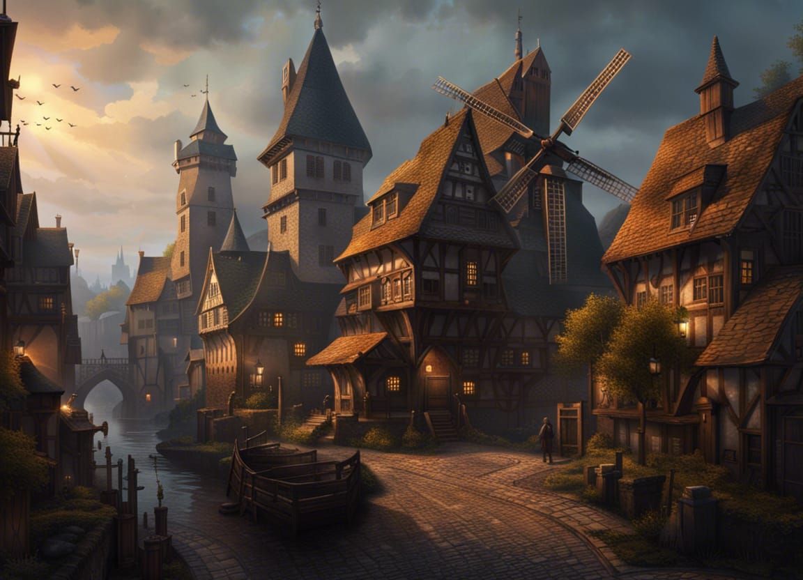 Enchanting Medieval Cityscape in Dark Fantasy Style