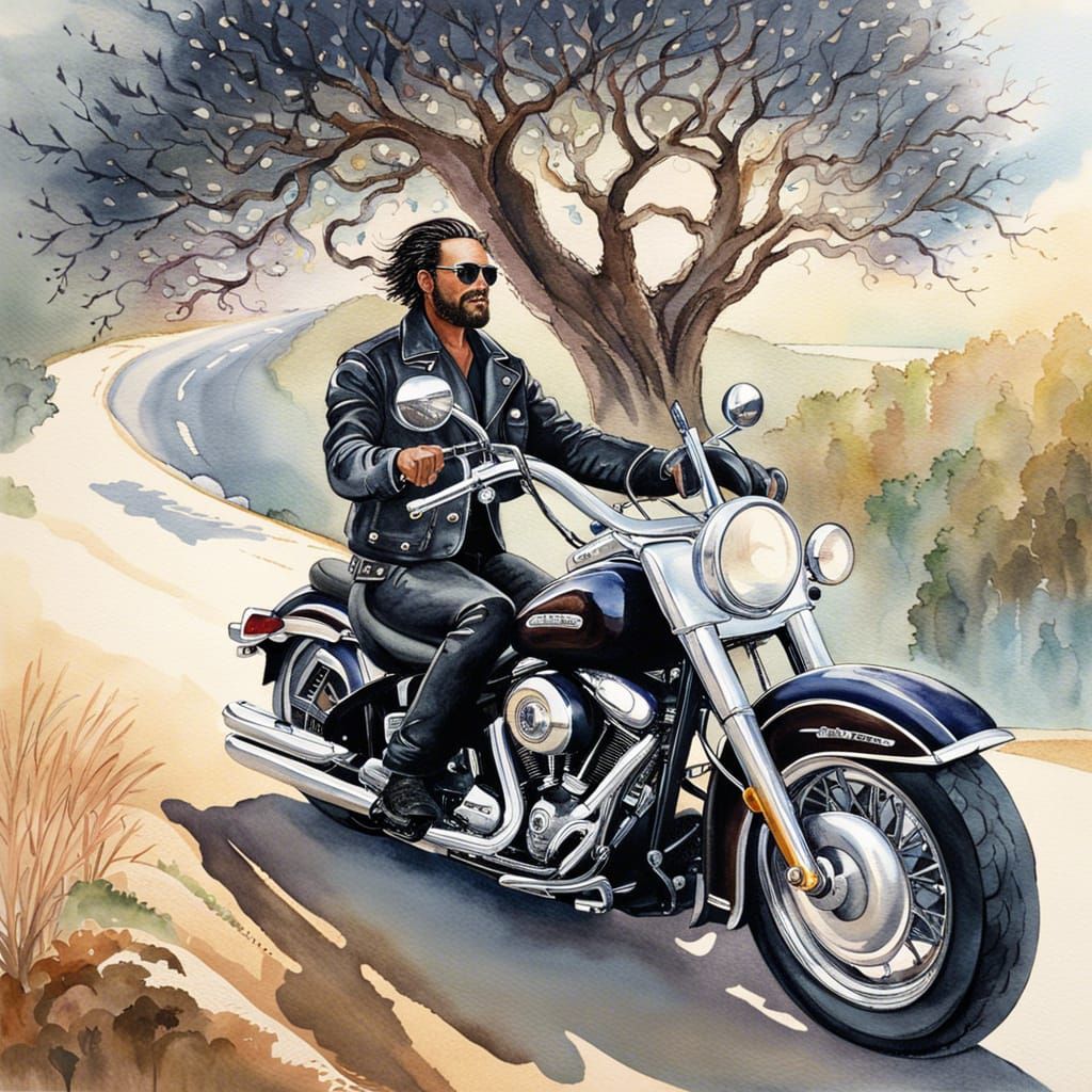 Motorcycle Rider at Sunset: Watercolor Art