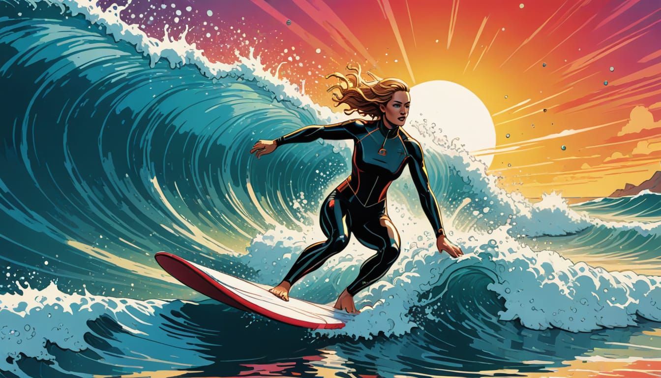 Girl Surfer in Shimmering Latex Wetsuit