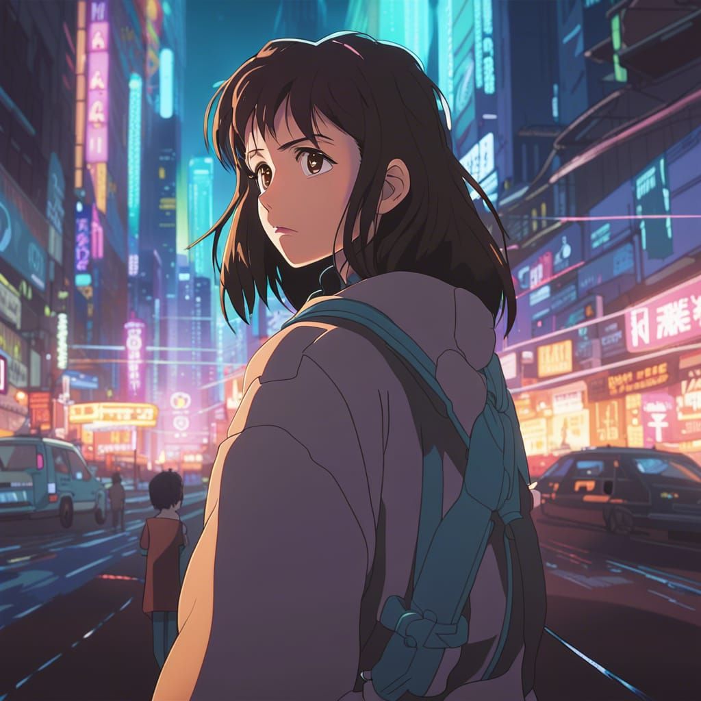 Anime Style Cyberpunk Woman in Neon Slice of Life