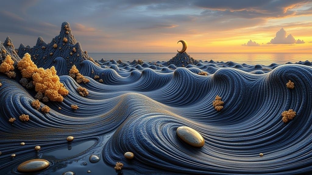 Surreal Oceanic Piano Landscape in Iridescent Hues