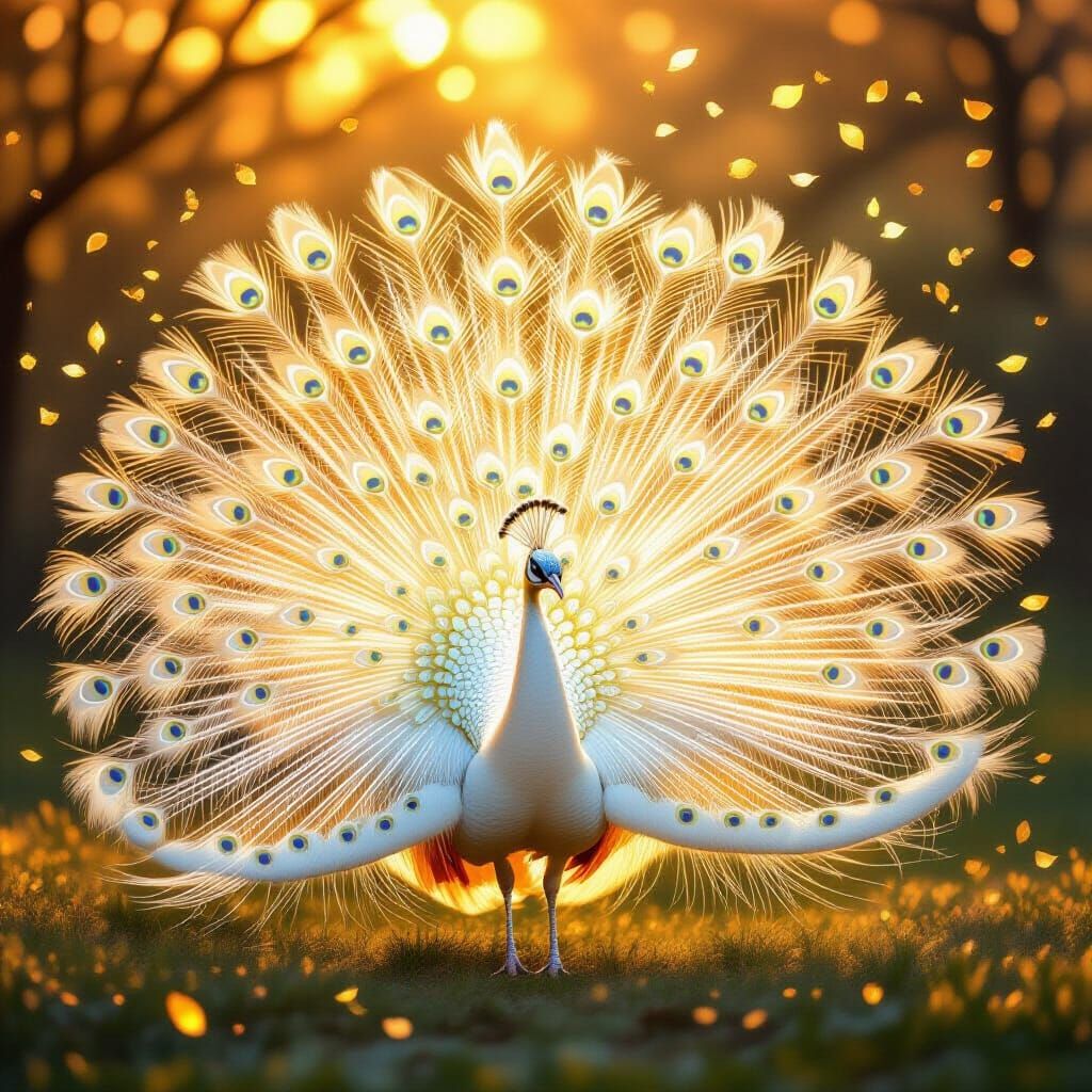 White Peacock Sunrise Display with Golden Flakes