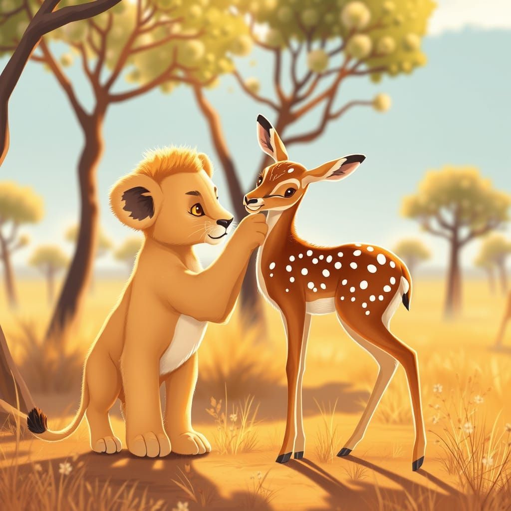 Lion and Gazelle Cubs as Friends in Sunlit Savanna