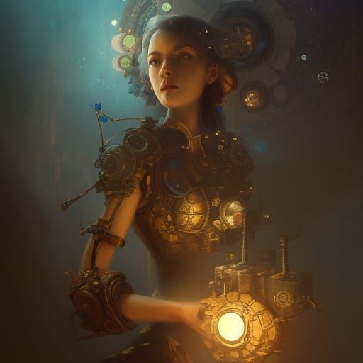 Steampunk Mechanic Girl with Rubik's Cube Puzzle