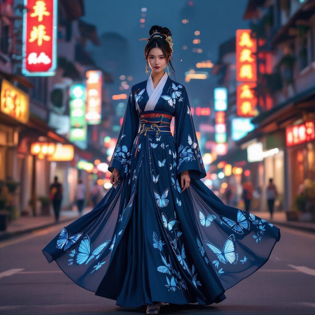 Woman in Butterfly Hanfu with Hong Kong Night View