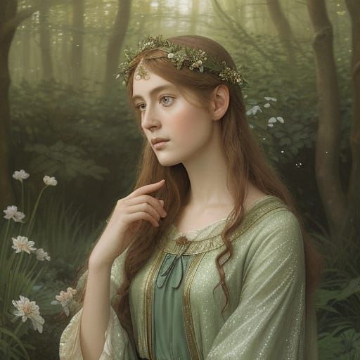 Elven Queen in Moonlit Glade, Pre-Raphaelite Style