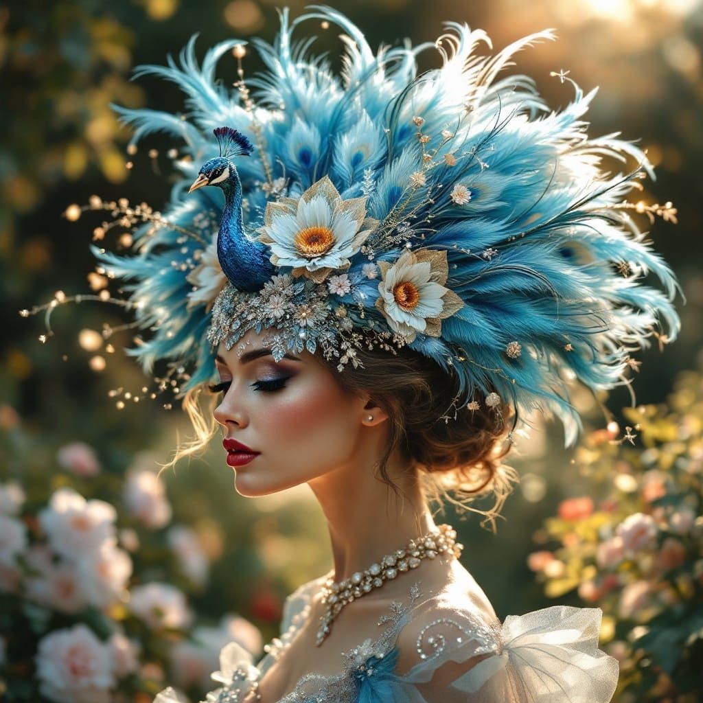 Elegant Lady in Peacock Hat: Dreamlike Illustration