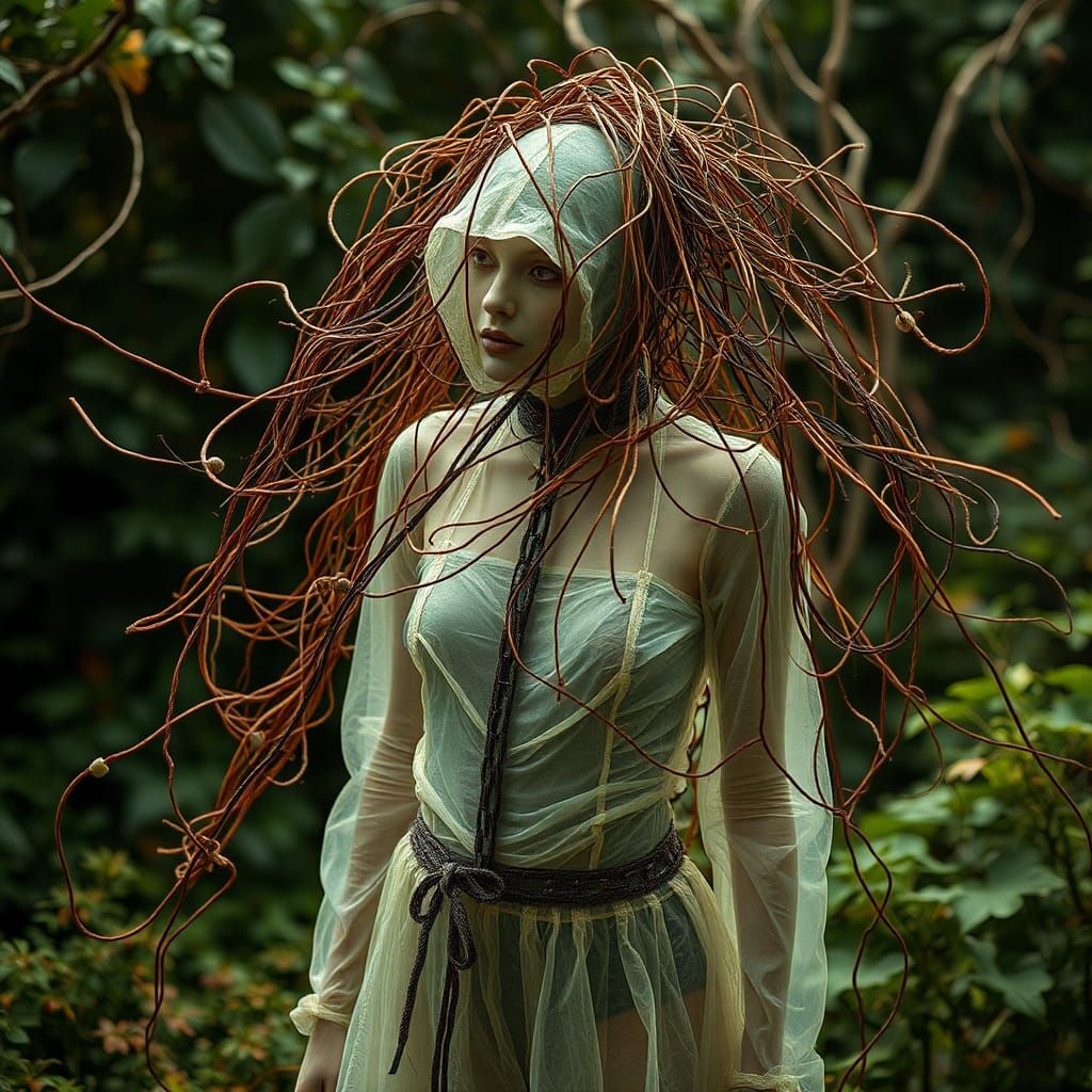 Translucent Outfit in Botanical Garden, Surreal Soft-Focus