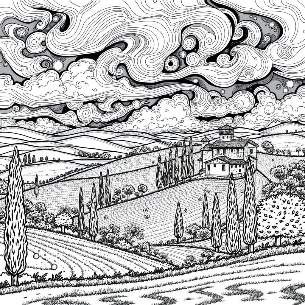 Tuscan Landscape in Detailed Line Art Style