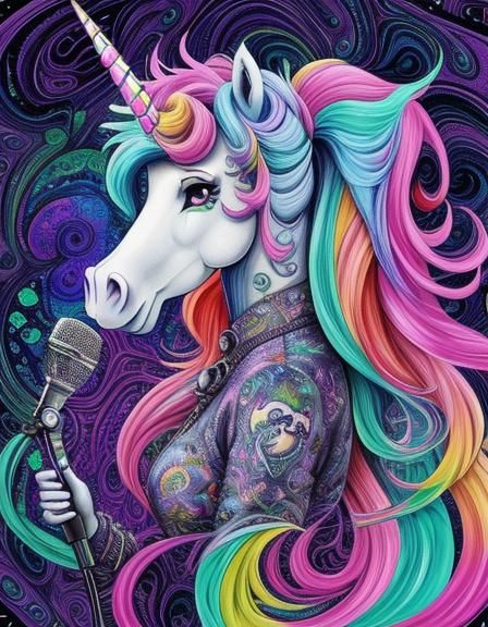 Technicolor Unicorn Girl Singing: Maximalist Fractal Art