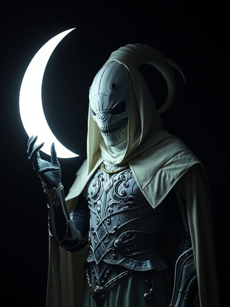 Victorious Figure Under Pale Crescent Moon, Giger Style