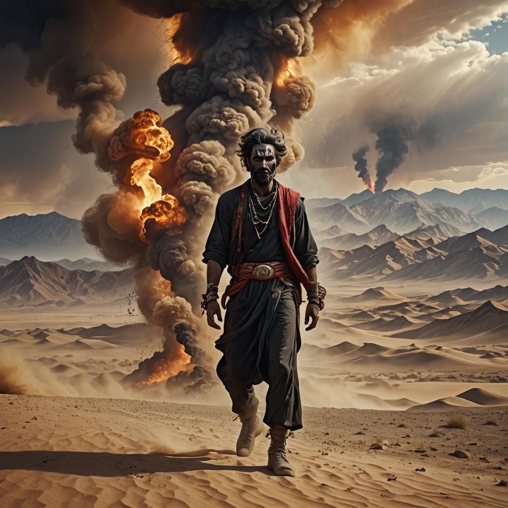 Fiery Desert Genie Emerges from Tornado