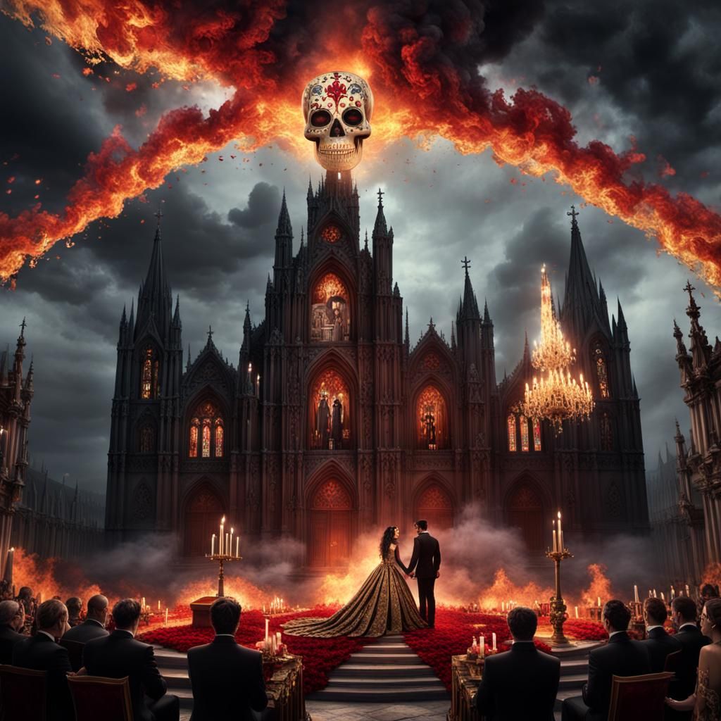 Gothic Cathedral Wedding with Sugar Skull Couple