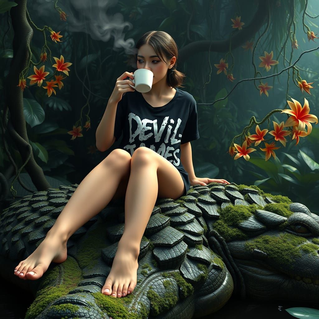 Surreal Coffee Break with a Majestic Crocodile in a Lush Won...