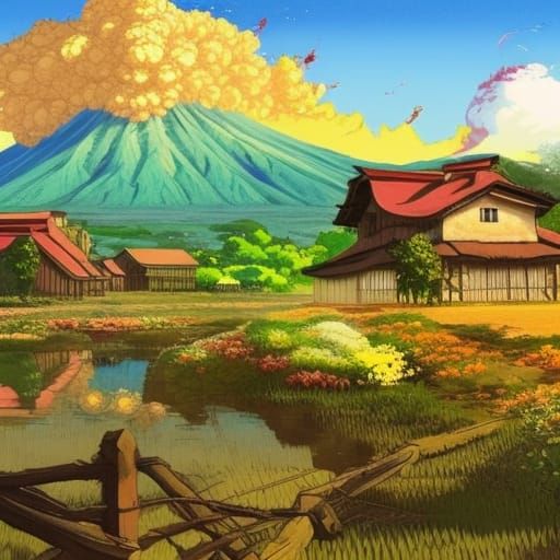 Mysterious Village with Distant Volcano, Anime Style