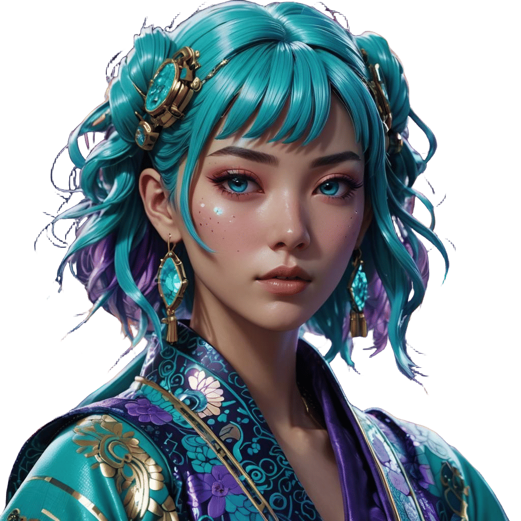 Turquoise-Haired Anime Woman in Hyperrealistic 3D Portrait