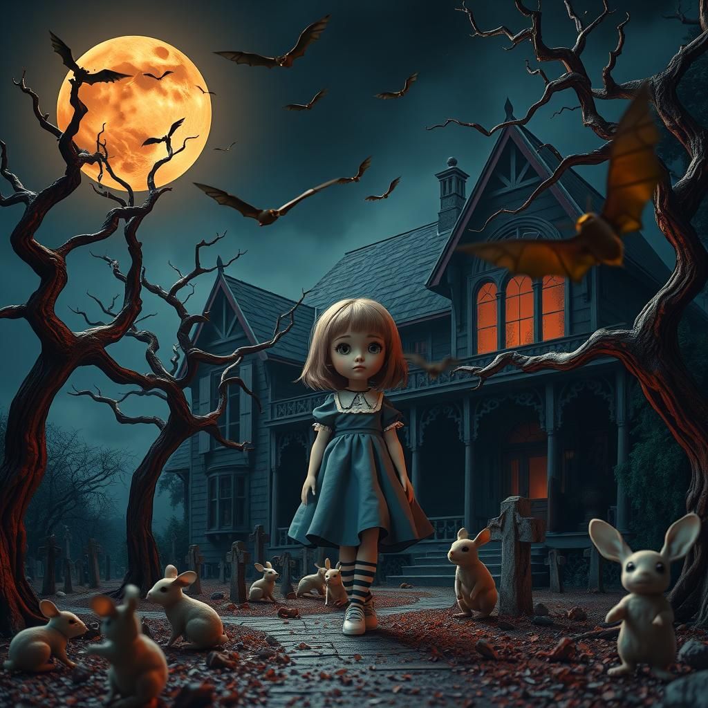 Haunted Mansion Scene with Girl in 3D Style