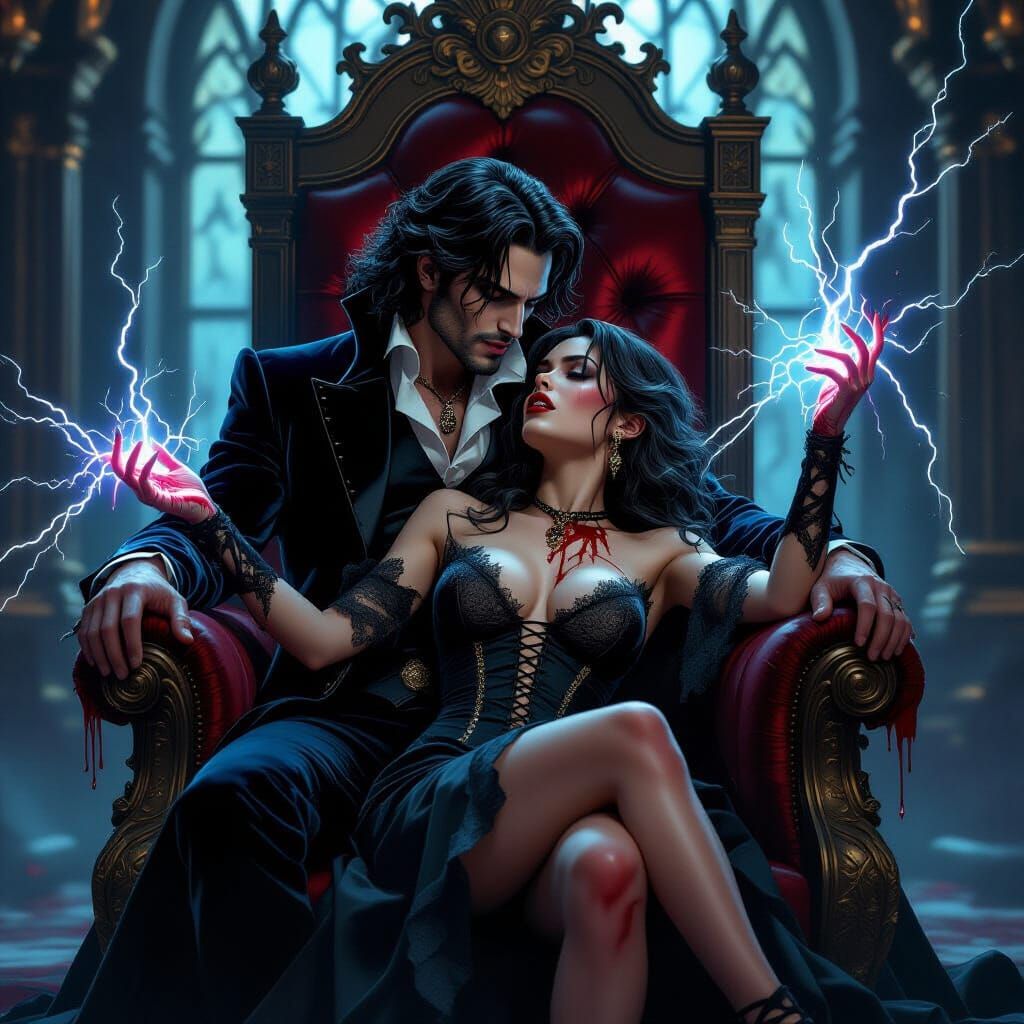 Vampire King Cradles Struggling Woman in Gothic Throne Room