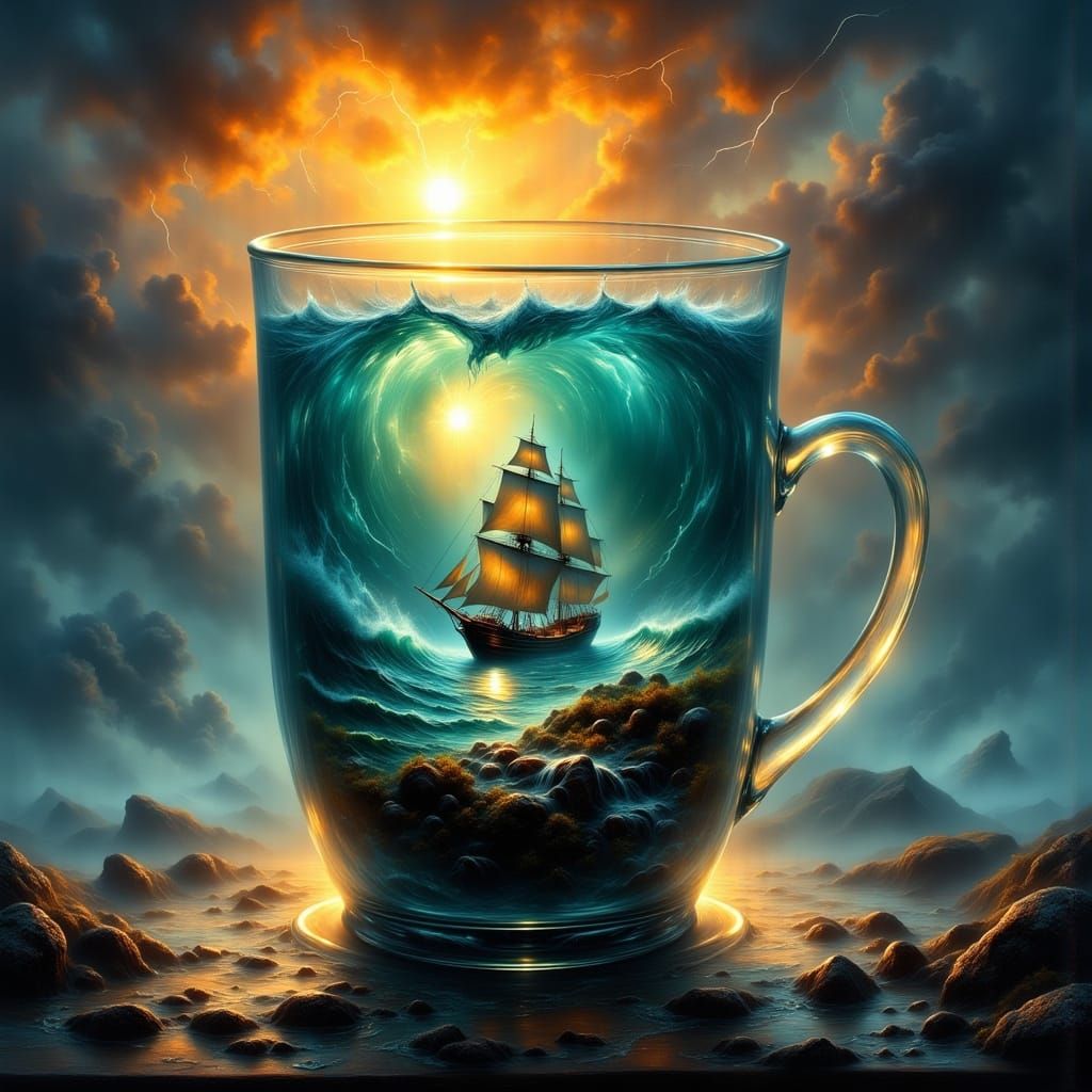 Stormy Ocean in Glass Cup: Hyper-Realistic Digital Art